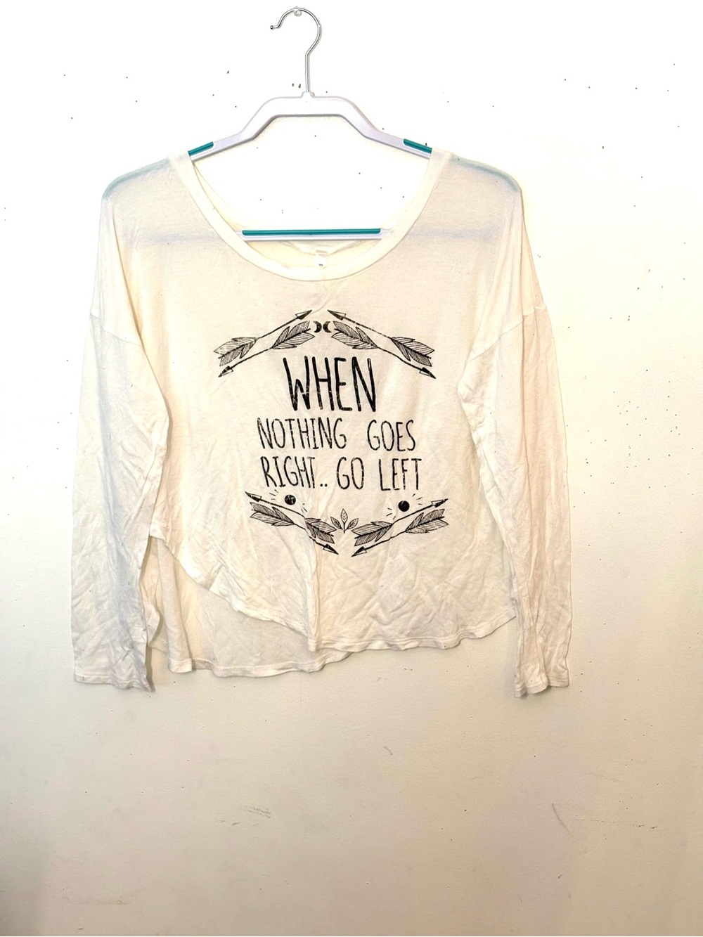 Casual White Graphic Long-Sleeve Tee - "When Nothing Goes Right". Size M. GUC.